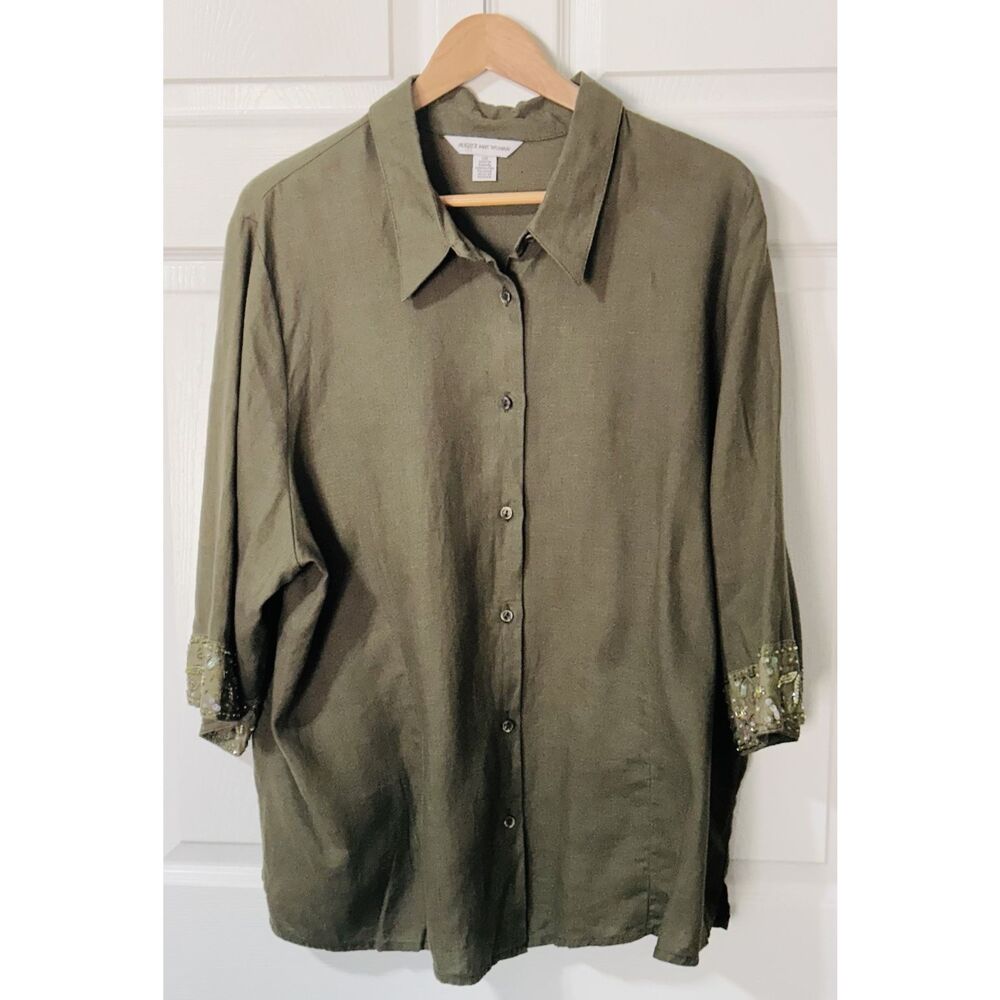 August Max Women's Petite 2XP Green Button Down 100% Linen 3/4 Sleeve Beaded
